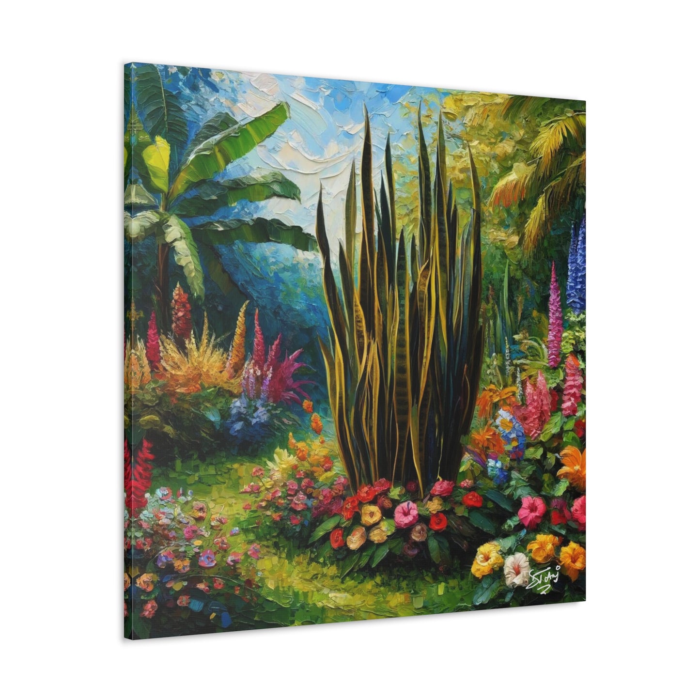 Art Print of Snake Plant in Tropical Flower Garden, Oil Finish, West Indian Art, Canvas Gallery Wraps