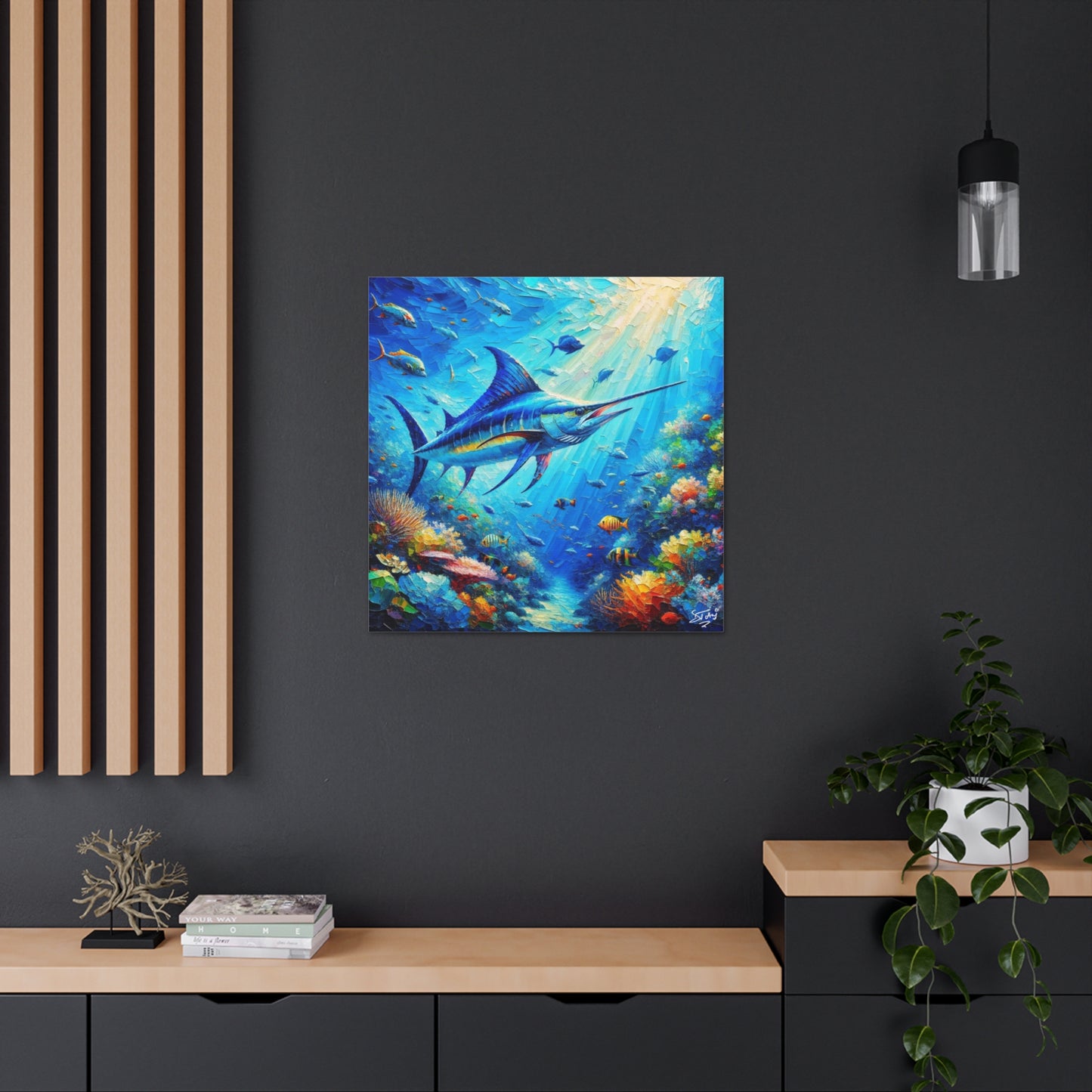 Art Print, Blue Marlin in Coral Reef, Oil Finish, Caribbean Nature, Semi-Abstract, Canvas Gallery Wrap