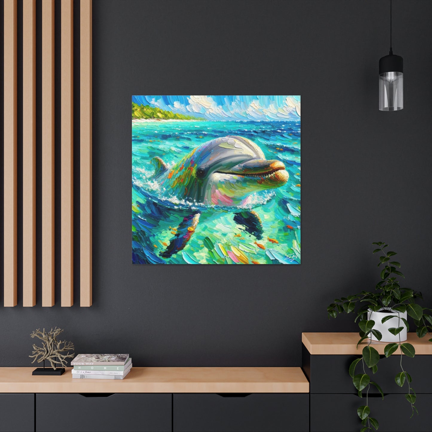 Art Print, Dolphin in Caribbean Sea, Oil Finish, Caribbean Nature, Canvas Gallery Wrap