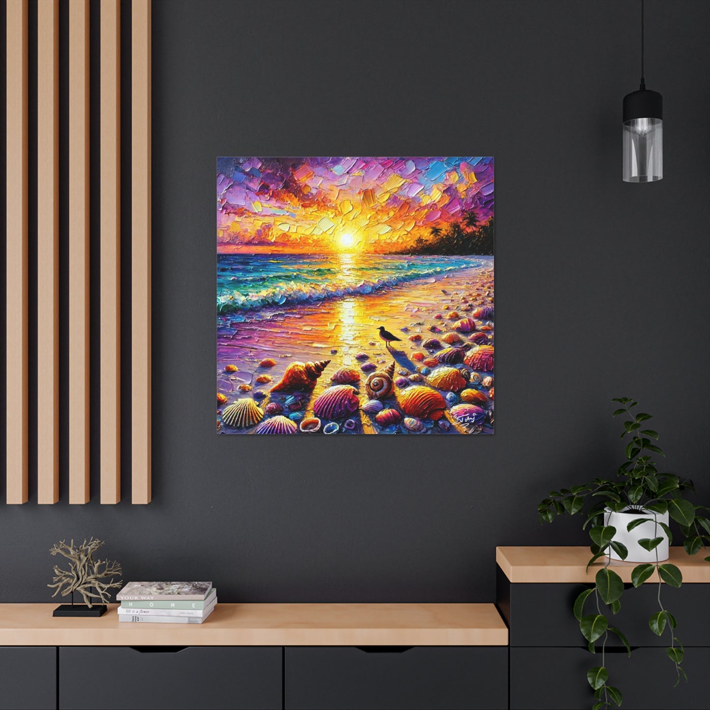 Art Print, Seashells on Caribbean Beach, Sunset, Semi-Abstract, Oil Painting, West Indian Art, Canvas Gallery Wraps