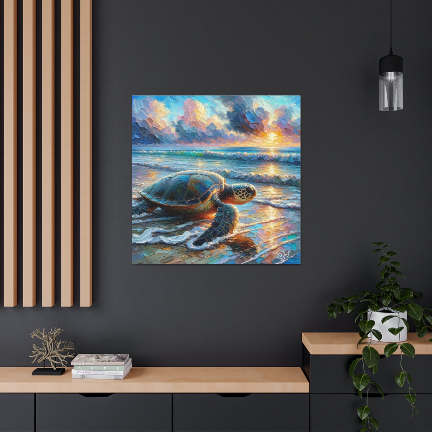 Art Print, Turtle at Sunrise, Caribbean Wildlife, Oil Finish, Caribbean Nature, Culture, Heritage, Canvas Gallery Wrap