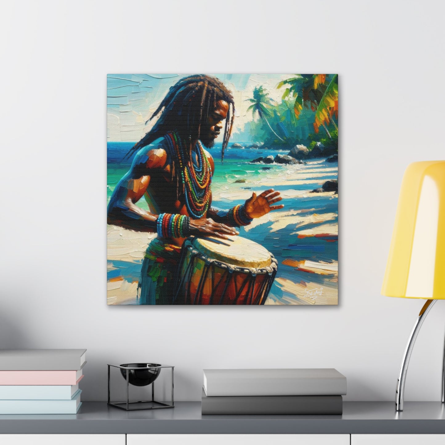 Art Print, Afro-Caribbean Man, "Drumming" Oil Finish, West Indian Ethnicity, Cultural, Heritage, Abstract, Canvas Gallery Wrap