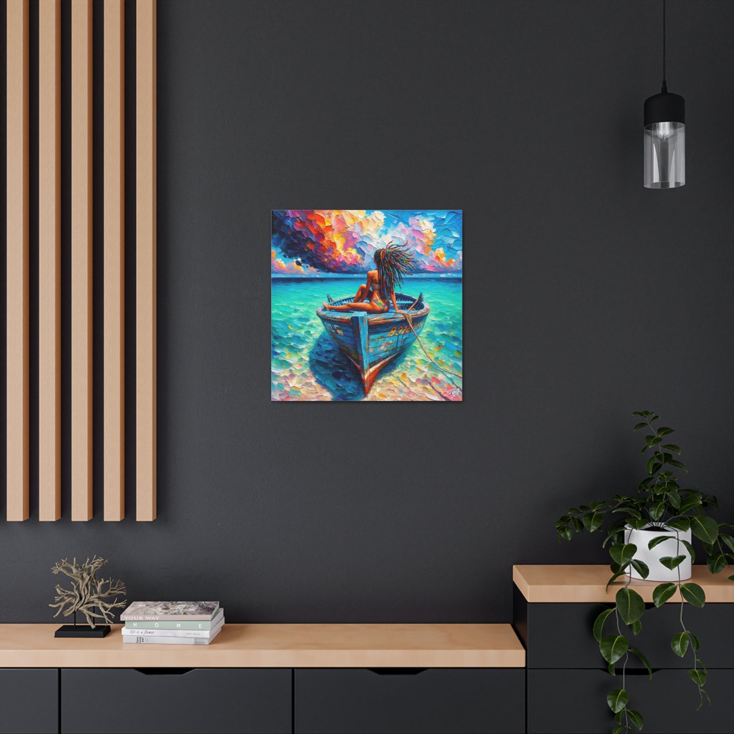 Art Print, Afro-Caribbean Woman "Chilling in the Boat (2)" Oil Finish, West Indian Ethnicity, Cultural, Heritage, Semi-Abstract, Canvas Gallery Wrap