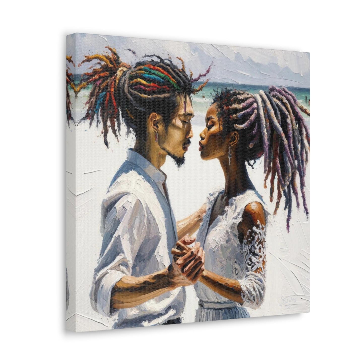 Art Print, Caribbean Couple, "Beach Wedding" Semi-Abstract Oil Finish, West Indian Ethnicity, Cultural, Heritage, Canvas Gallery Wrap