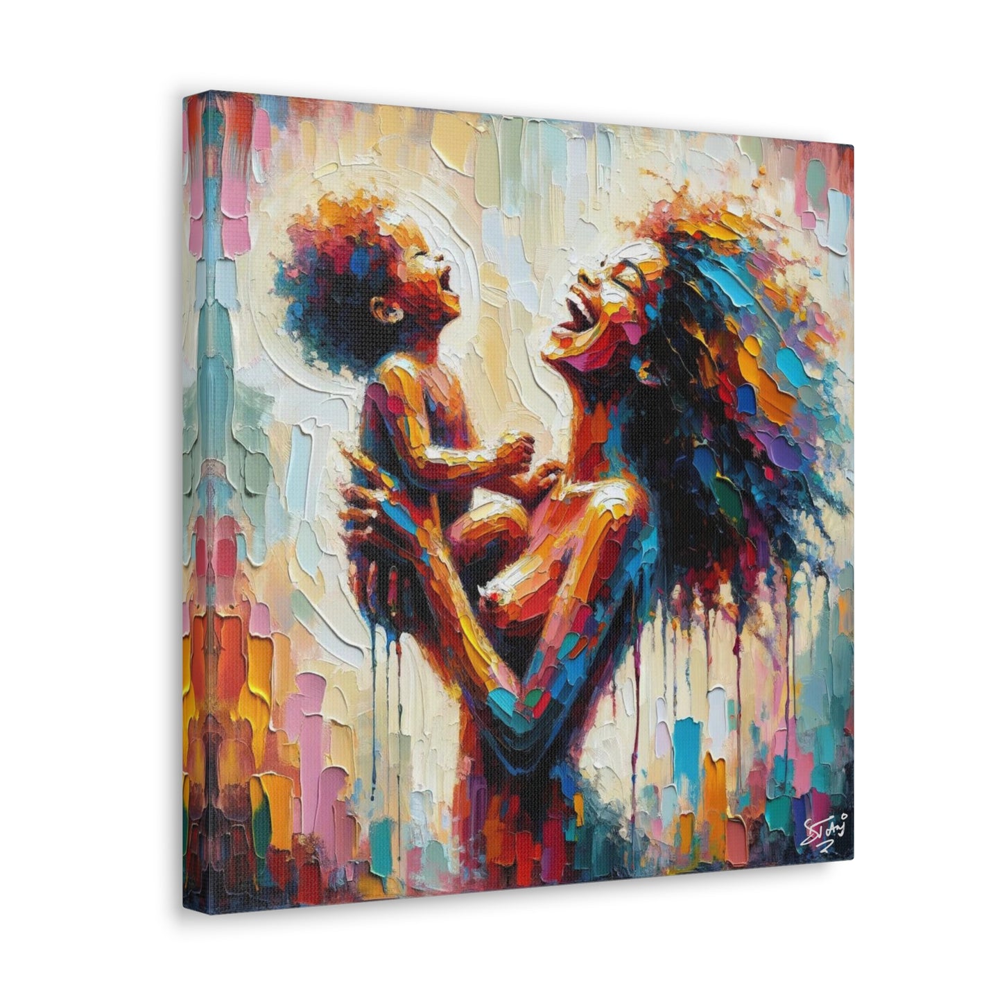 Art Print, Afro-Caribbean Woman & Child, Oil Finish, West Indian Ethnicity, Cultural, Heritage, Semi-Abstract, Canvas Gallery Wrap