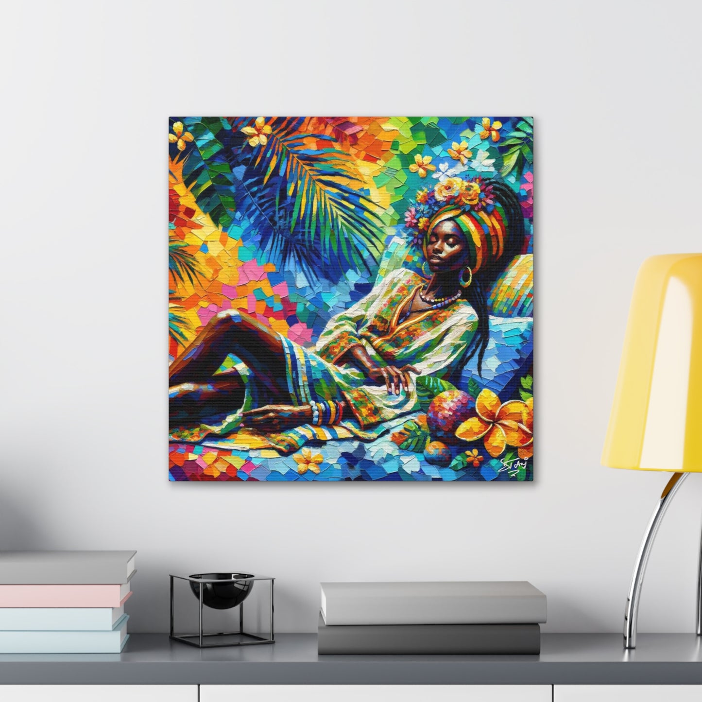 Art Print, Afro-Caribbean Woman, "Taking a Siesta" Oil Finish, West Indian Ethnicity, Cultural, Heritage, Abstract, Canvas Gallery Wrap