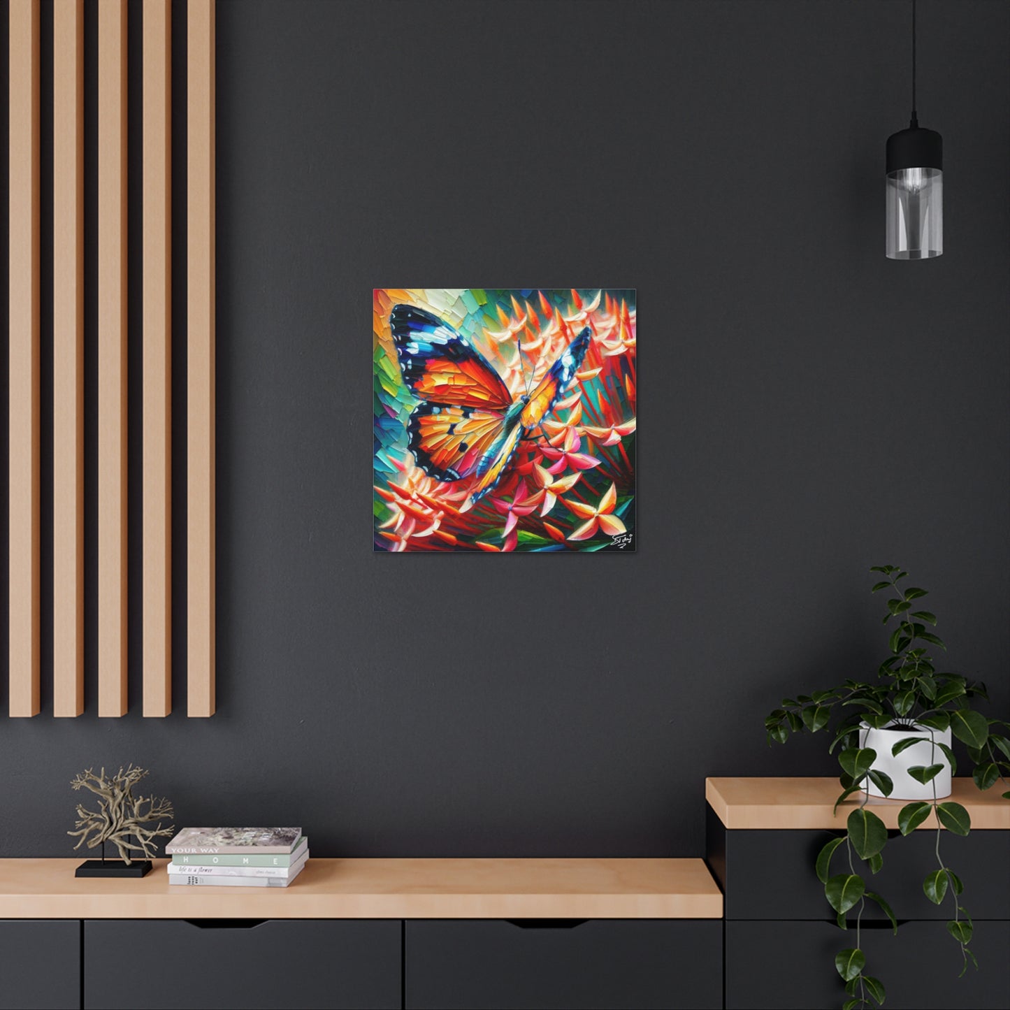 Art Print, Butterfly on Ixoras, Oil Finish, Caribbean Nature, Cultural, Heritage, Semi-Abstract, Canvas Gallery Wrap