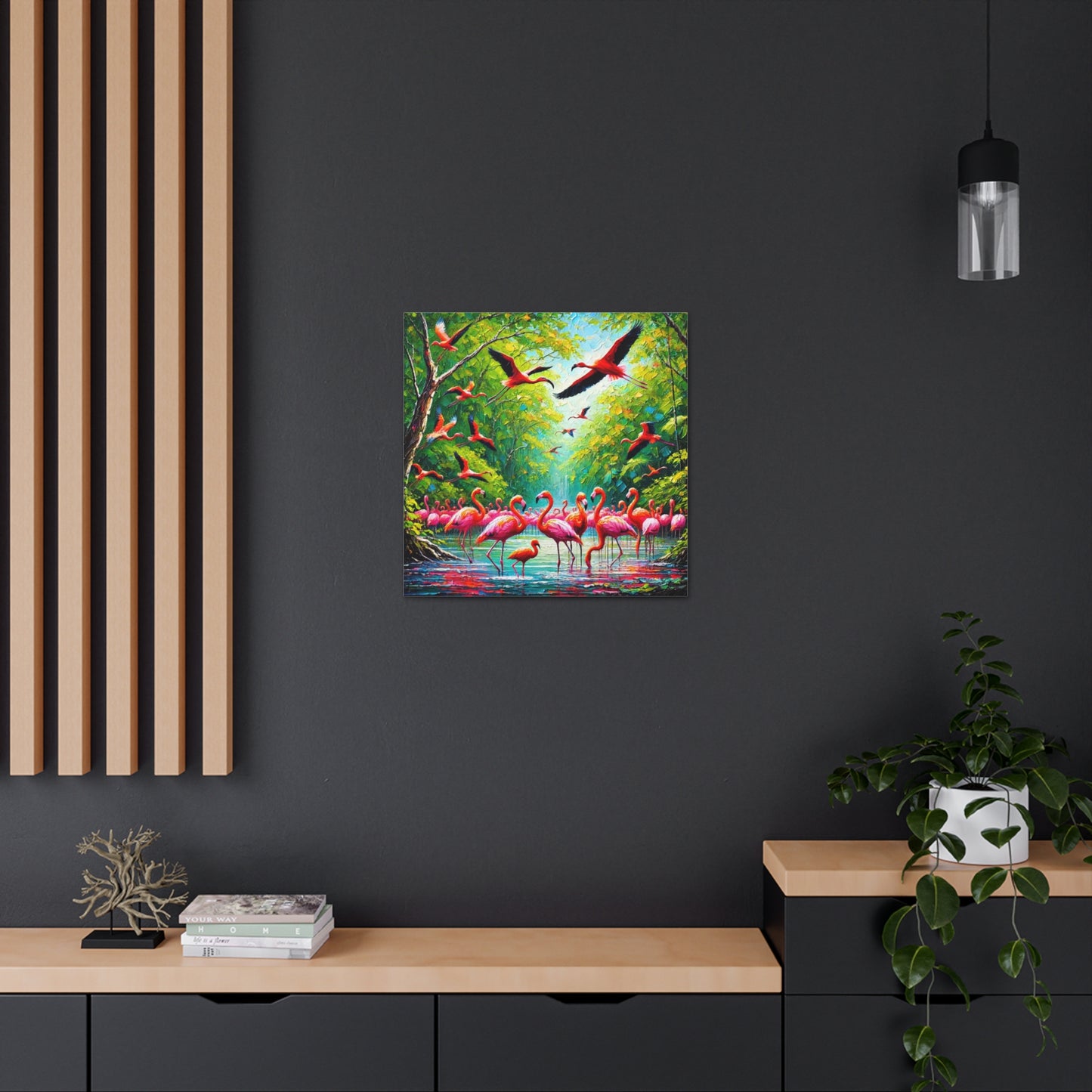 Art Print, Scarlet Ibises & Flamingos in Their Natural Mangrove Habitat in Trinidad and Tobago, Caribbean, West Indian Art, Canvas Gallery Wraps