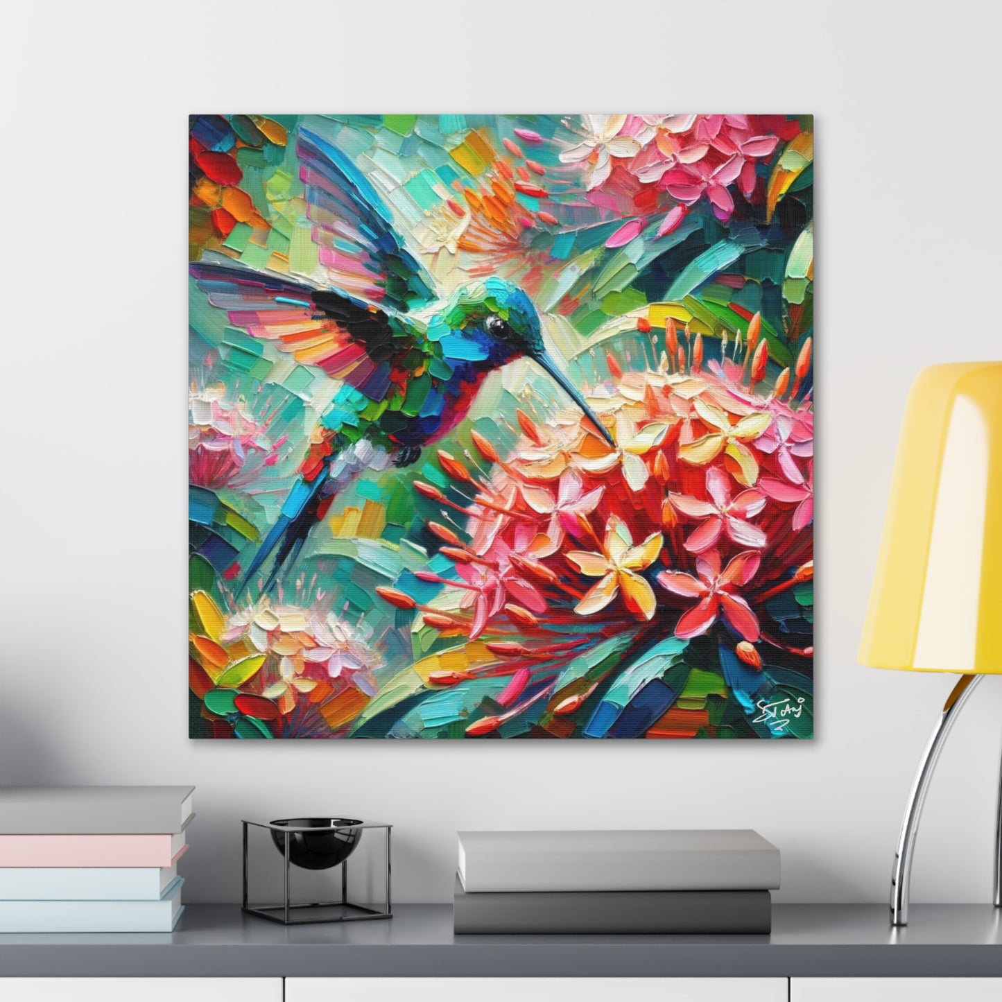 Art Print, Hummingbird, Oil Finish, Caribbean Nature, Cultural, Heritage, Semi-Abstract, Canvas Gallery Wrap