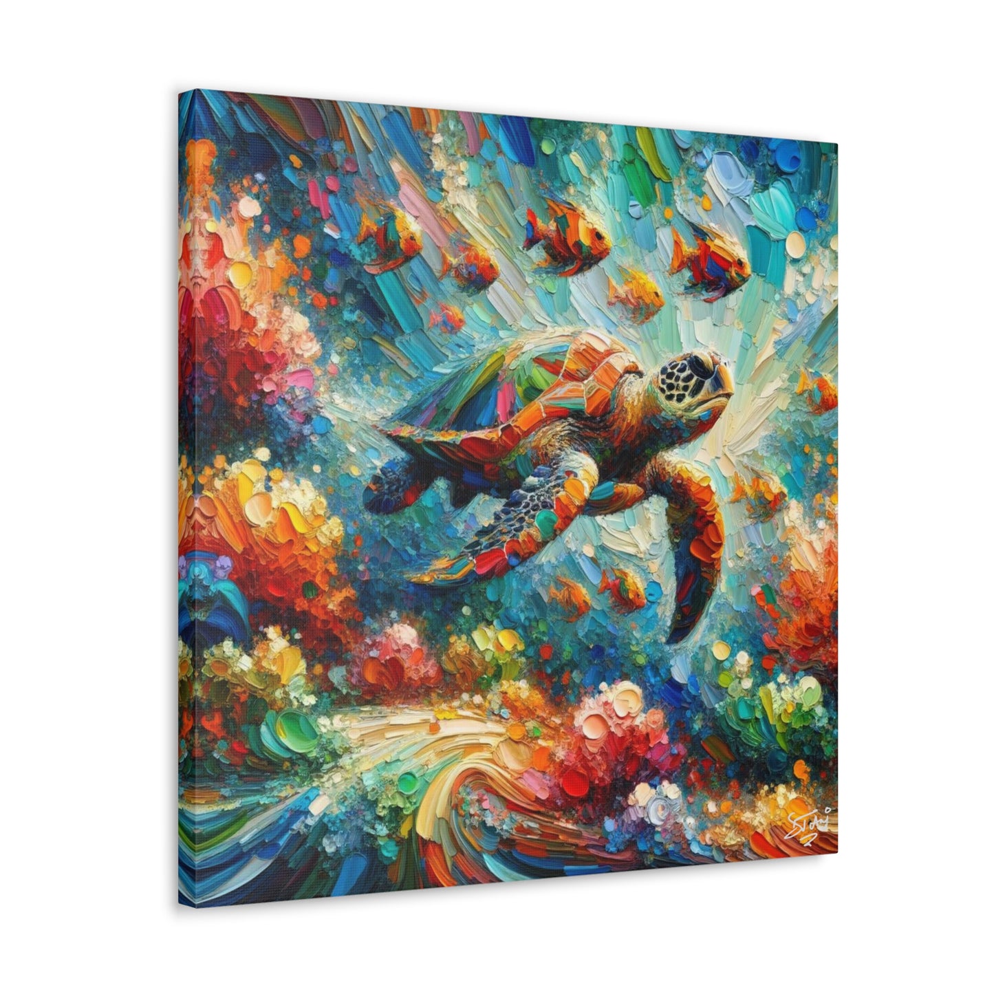 Art Print, Turtle & Fish in Reef, Oil Finish, Caribbean Nature, Cultural, Heritage, Semi-Abstract, Canvas Gallery Wrap