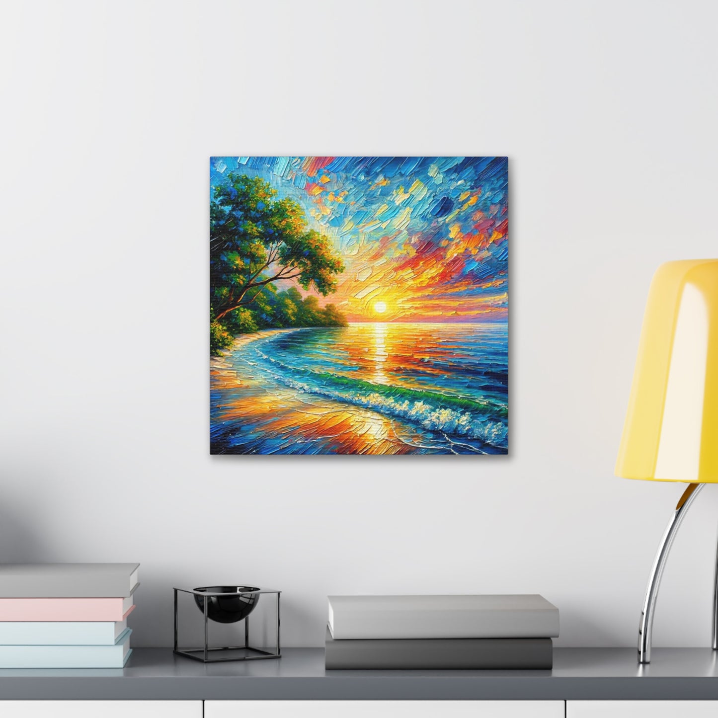 Art Print, Caribbean Sunset Beach Scene, Abstract, Oil Painting, West Indian Art, Canvas Gallery Wraps