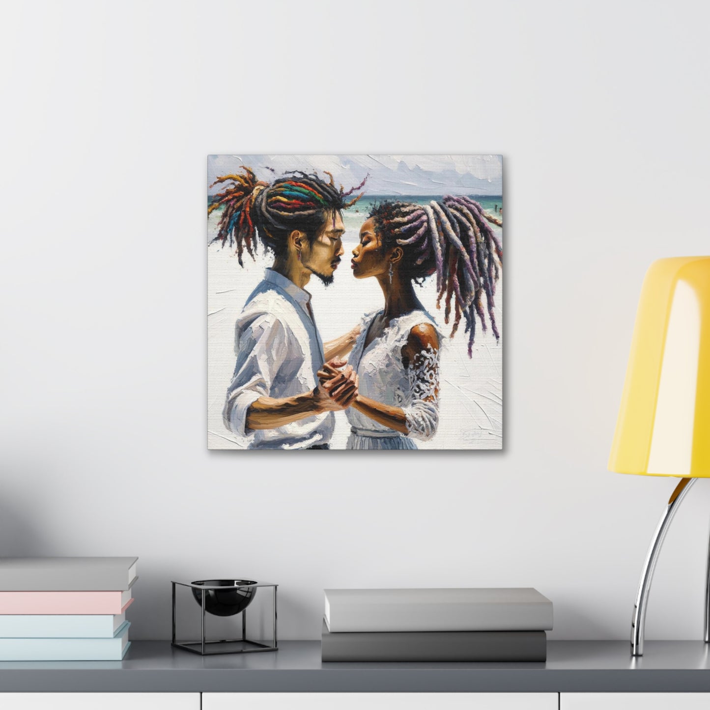 Art Print, Caribbean Couple, "Beach Wedding" Semi-Abstract Oil Finish, West Indian Ethnicity, Cultural, Heritage, Canvas Gallery Wrap