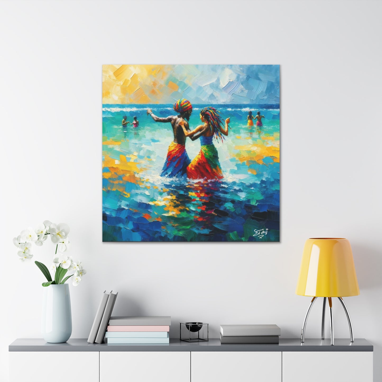 Art Print, Caribbean Couple, "In Our World" Semi-Abstract Oil Finish, West Indian Ethnicity, Cultural, Heritage, Abstract, Canvas Gallery Wrap