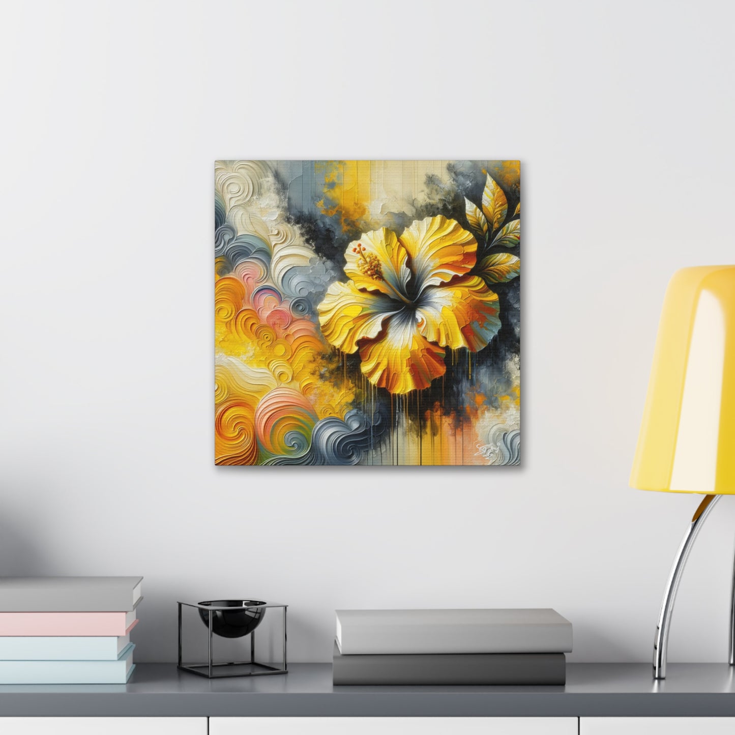 Oil Print of a Yellow Hibiscus Flower, Close-up View, Semi-abstract, Caribbean, Vibrant Vivid Colors, Canvas Gallery Wraps