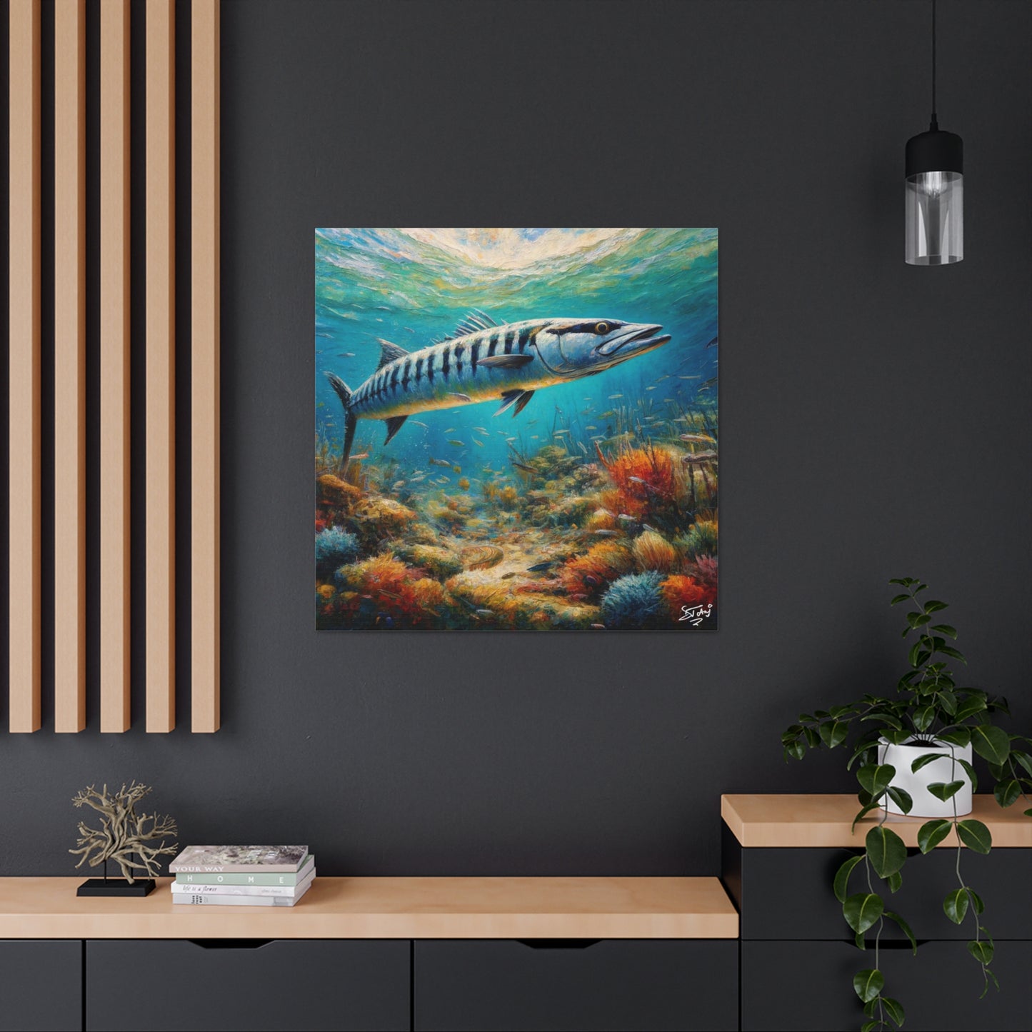 Art Print, Great Barracuda, Oil Finish, Caribbean Nature, Canvas Gallery Wrap