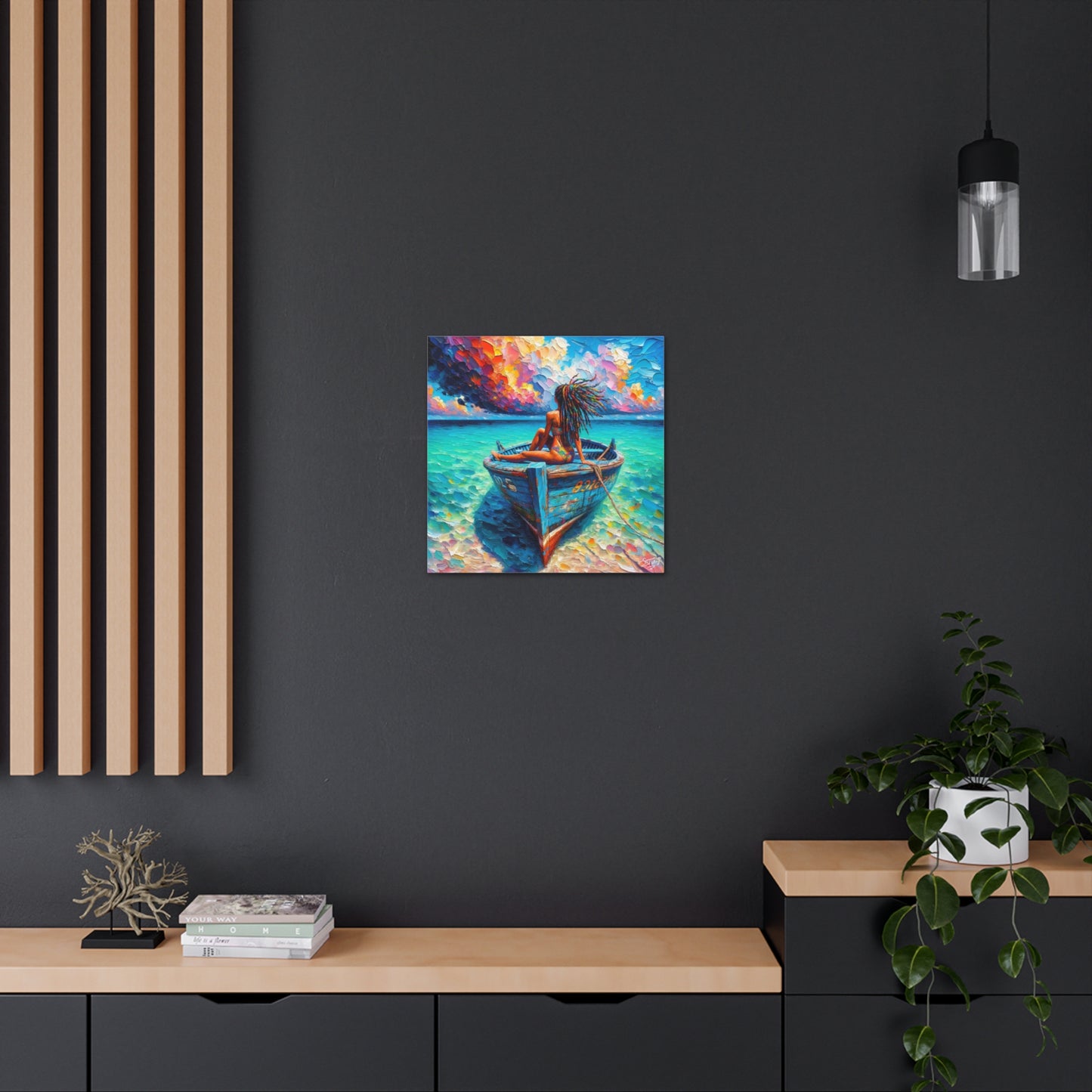 Art Print, Afro-Caribbean Woman "Chilling in the Boat (2)" Oil Finish, West Indian Ethnicity, Cultural, Heritage, Semi-Abstract, Canvas Gallery Wrap