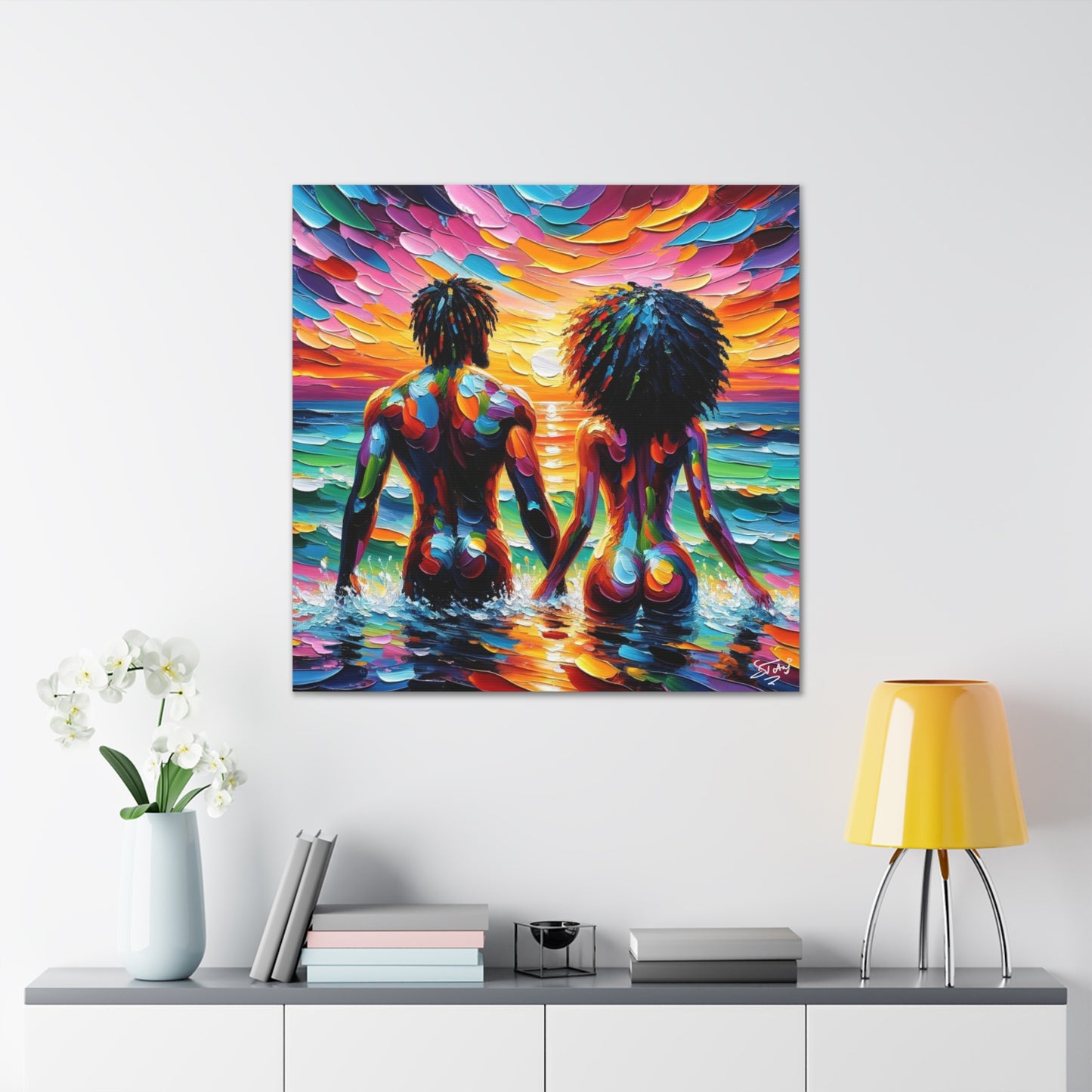 Art Print, Afro-Caribbean Couple "Skinny Dipping," Oil Finish, West Indian Ethnicity, Cultural, Heritage, Semi-Abstract, Canvas Gallery Wrap