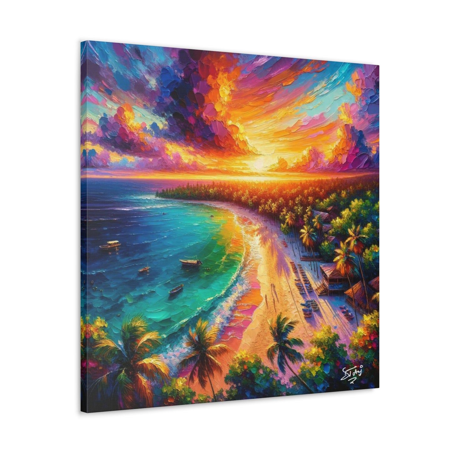 Art Print of Caribbean Beach Sunset Scene, Oil Painting, West Indian Art, Canvas Gallery Wraps