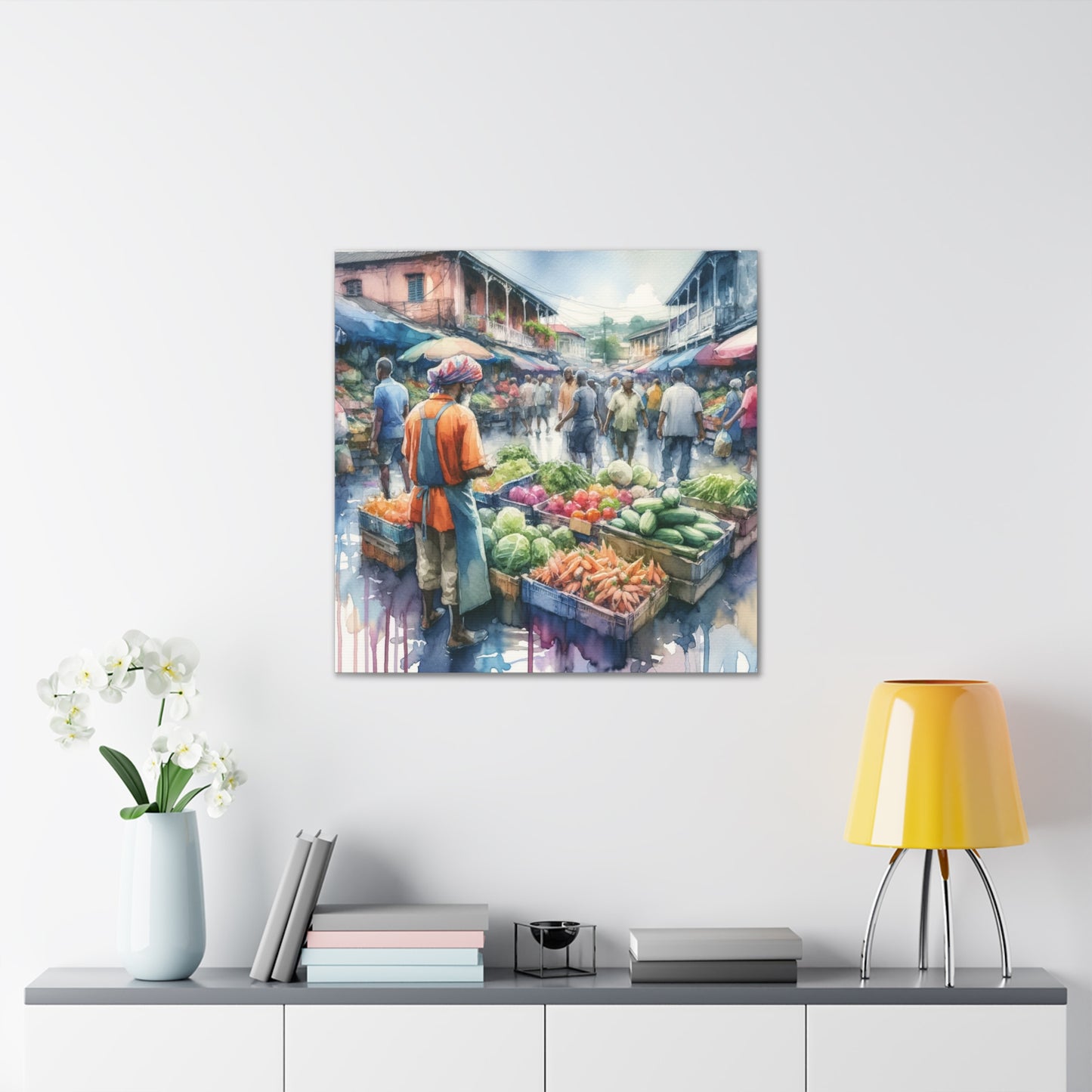 Art Print#2, "Selling at the Market", Market Scene in Trinidad, Caribbean, Watercolor Finish, West Indian Art, Canvas Gallery Wraps