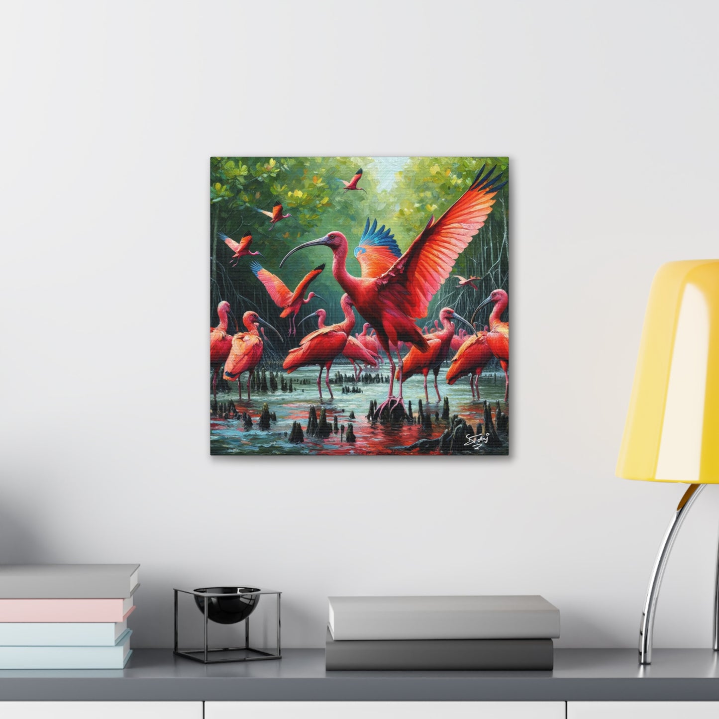 Art Print#2, Scarlet Ibises in Their Natural Mangrove Habitat in Trinidad and Tobago, Caribbean, West Indian Art, Canvas Gallery Wraps