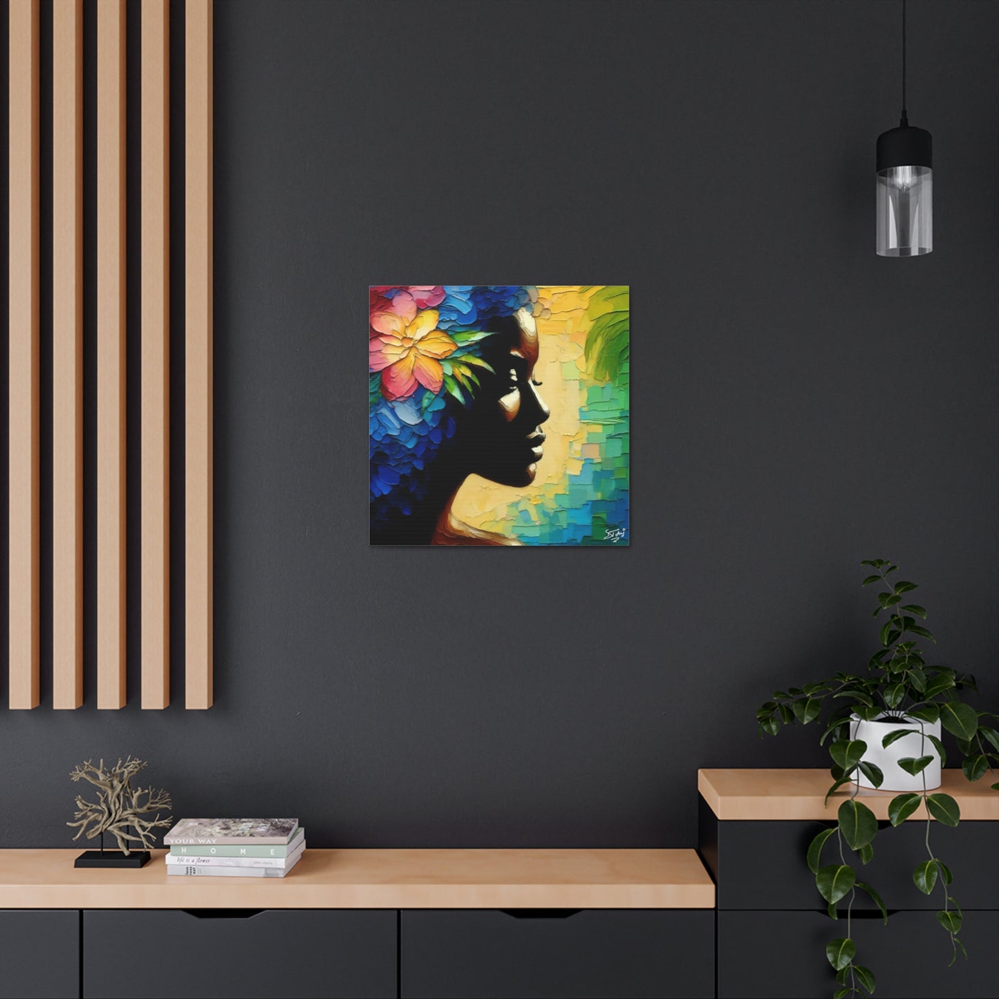 Art Print, Afro-Caribbean Woman "Deep in Thought" Oil Finish, West Indian Ethnicity, Cultural, Heritage, Semi-Abstract, Canvas Gallery Wrap