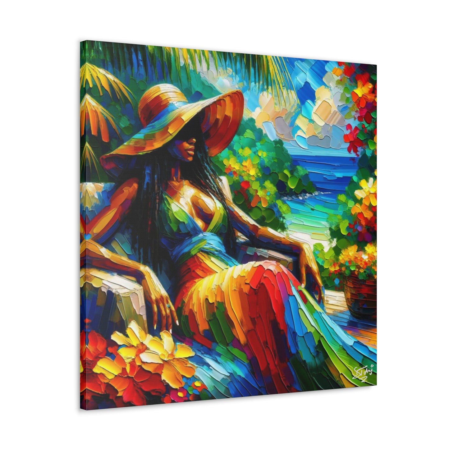 Art Print, Afro-Caribbean Woman, "Relaxing" Oil Finish, West Indian Ethnicity, Cultural, Heritage, Abstract, Canvas Gallery Wrap