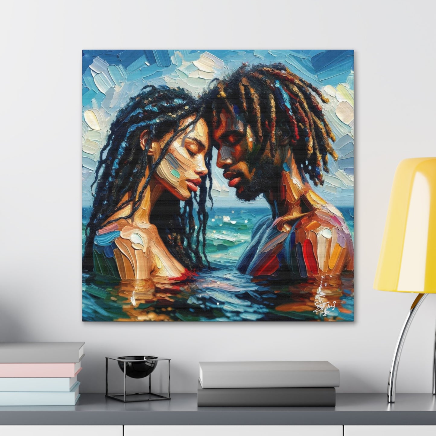 Art Print, Caribbean Couple, "In Our World" Semi-Abstract Oil Finish, West Indian Ethnicity, Cultural, Heritage, Abstract, Canvas Gallery Wrap