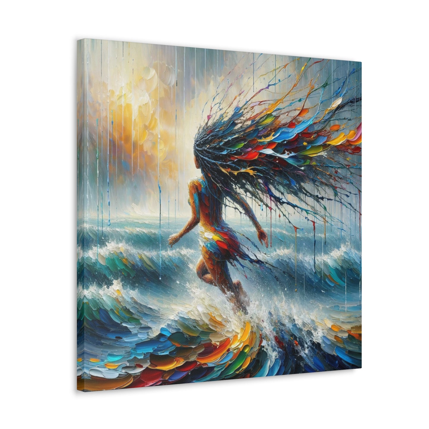 Art Print#5, East Indian Woman from Trinidad running into the Atlantic Ocean, Caribbean, Oil Finish, West Indian Art, Canvas Gallery Wraps