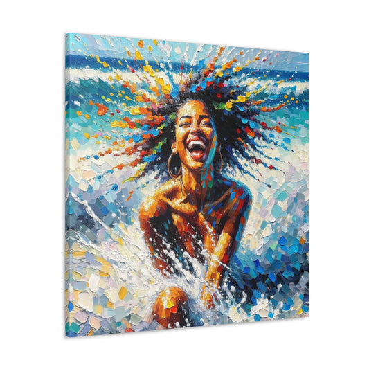 Art Print#3 of Dougla Woman's Exhilaration Captured - Joy, Laughter, Color, Caribbean Sea, Oil Finish, West Indian Art, Canvas Gallery Wraps