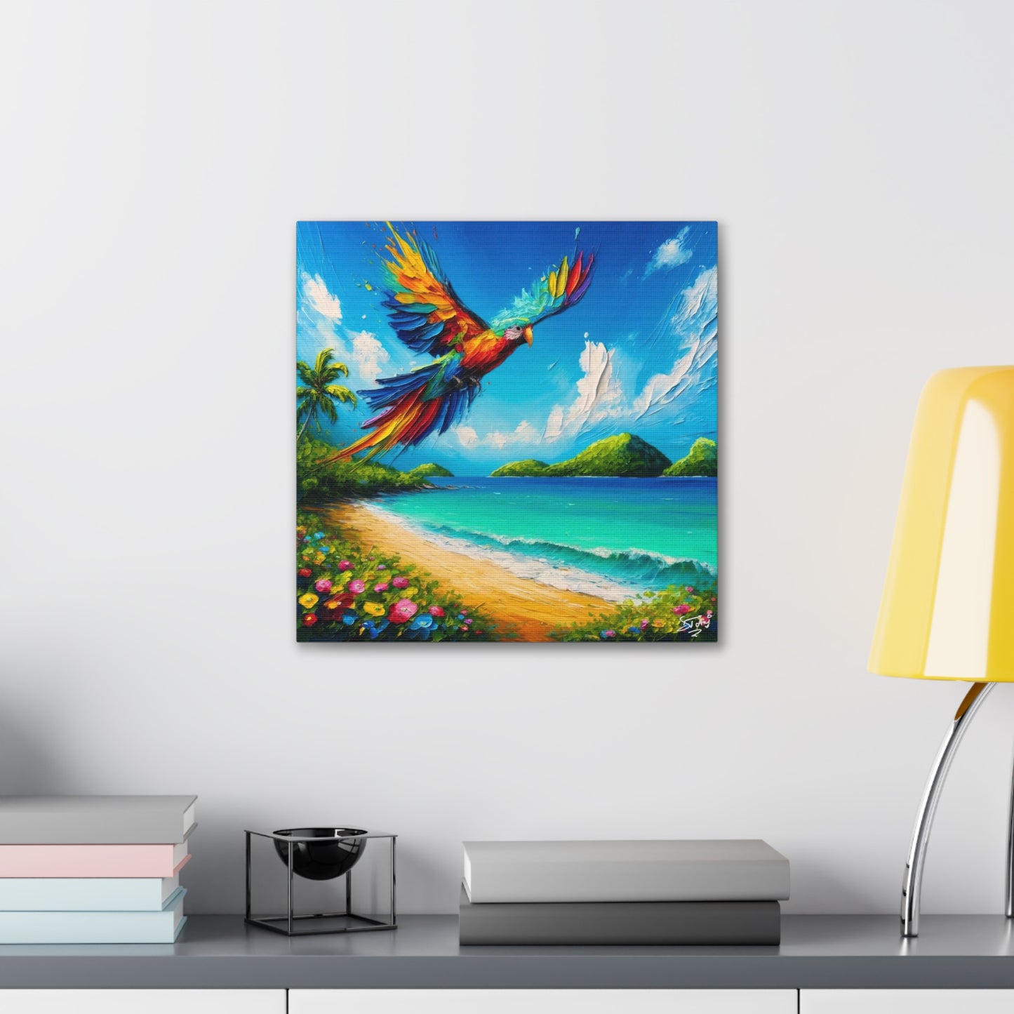 Art Print, "Bird Enjoying View," Oil Finish, Caribbean Nature, Cultural, Heritage, Semi-Abstract, Canvas Gallery Wrap