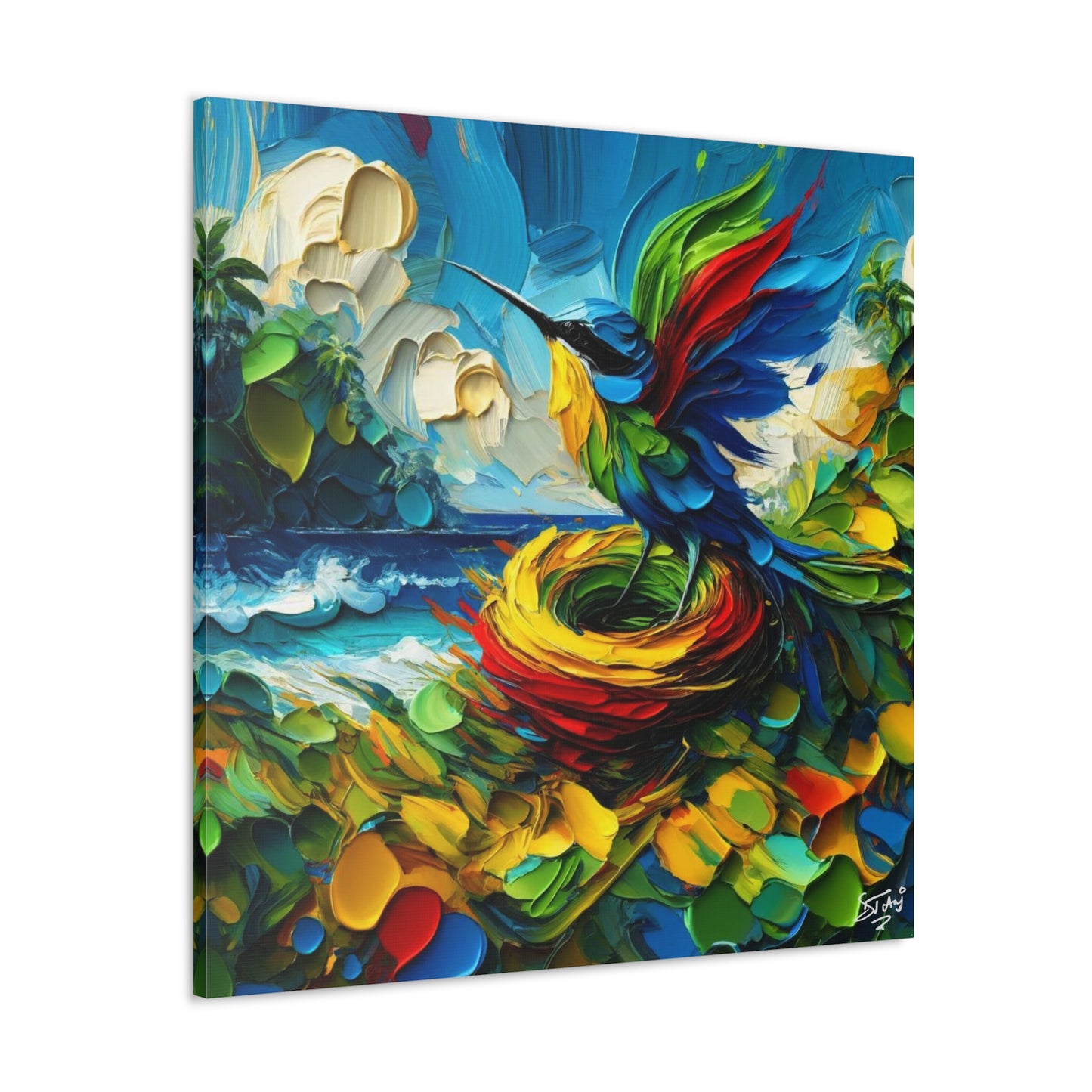 Art Print, Hummingbird, Oil Finish, Caribbean Nature, Cultural, Heritage, Semi-Abstract, Canvas Gallery Wrap