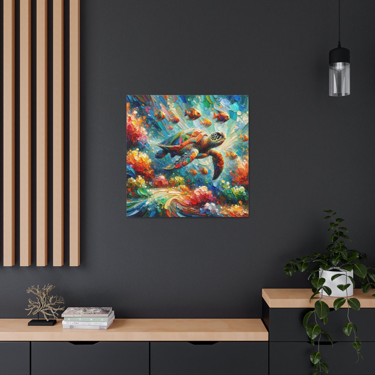 Art Print, Turtle & Fish in Reef, Oil Finish, Caribbean Nature, Cultural, Heritage, Semi-Abstract, Canvas Gallery Wrap