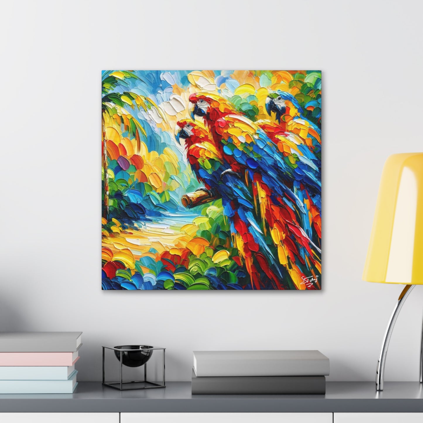 Art Print, The Parrots, Oil Finish, Caribbean Nature, Cultural, Heritage, Semi-Abstract, Canvas Gallery Wrap