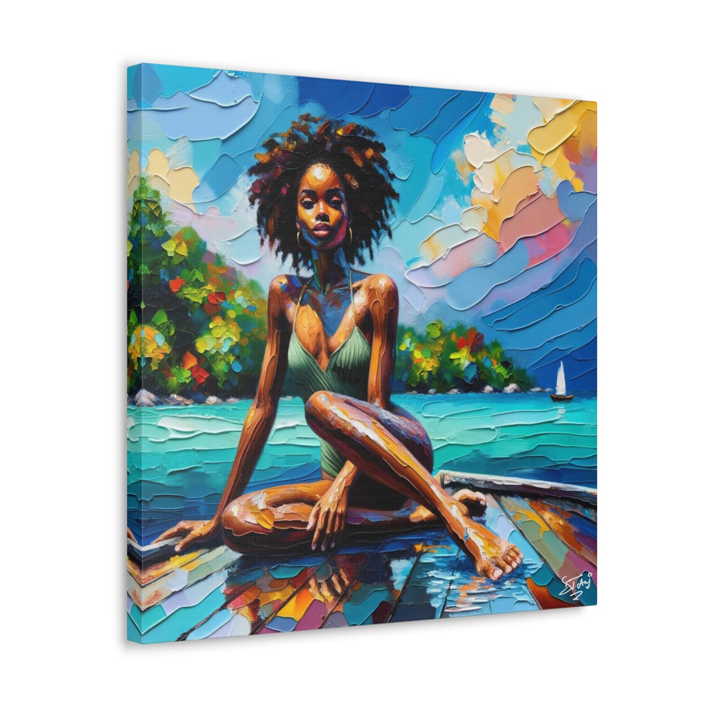 Art Print, Afro-Caribbean Woman "Chilling in the Boat" Oil Finish, West Indian Ethnicity, Cultural, Heritage, Semi-Abstract, Canvas Gallery Wrap