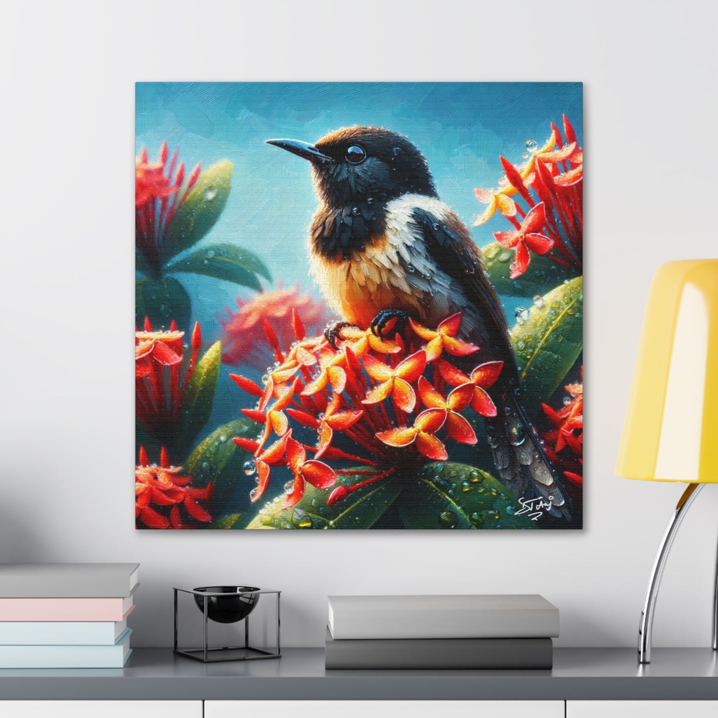 Print of Redstart Perched on Ixora Flower, Oil Paint Finish, Caribbean, Tropical, Canvas Gallery Wraps