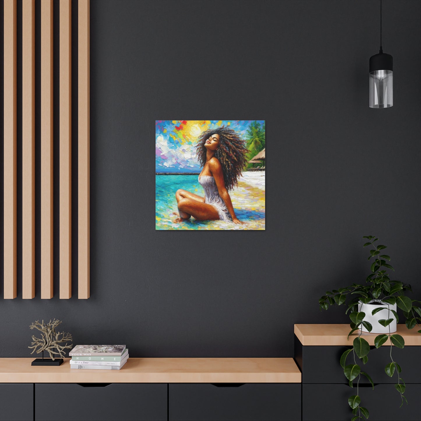 Art Print, Indo-Caribbean Woman, "Chilling on the Beach" Oil Finish, West Indian Ethnicity, Cultural, Heritage, Abstract, Canvas Gallery Wrap