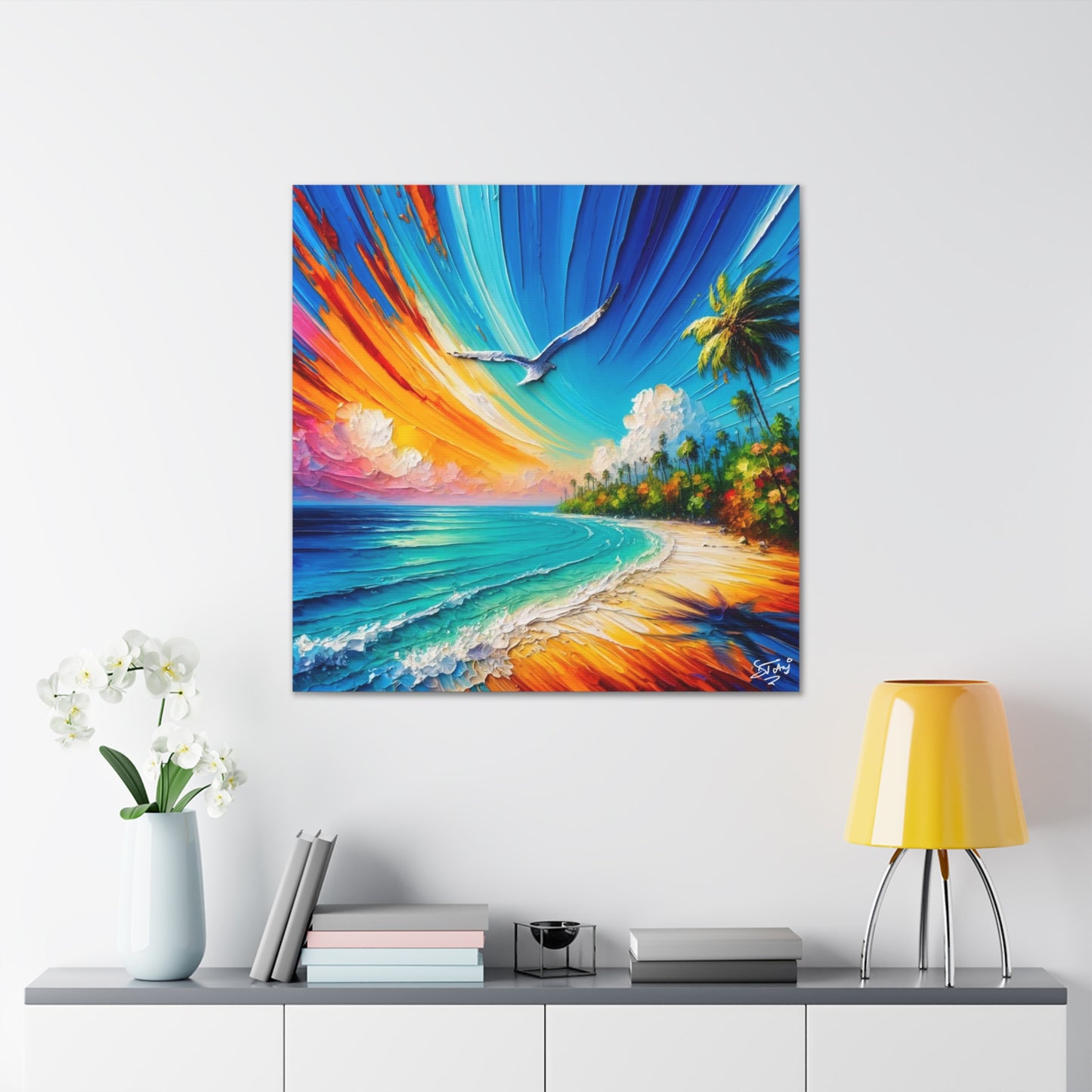 Art Print, "Bird Enjoying View," Oil Finish, Caribbean Nature, Cultural, Heritage, Semi-Abstract, Canvas Gallery Wrap