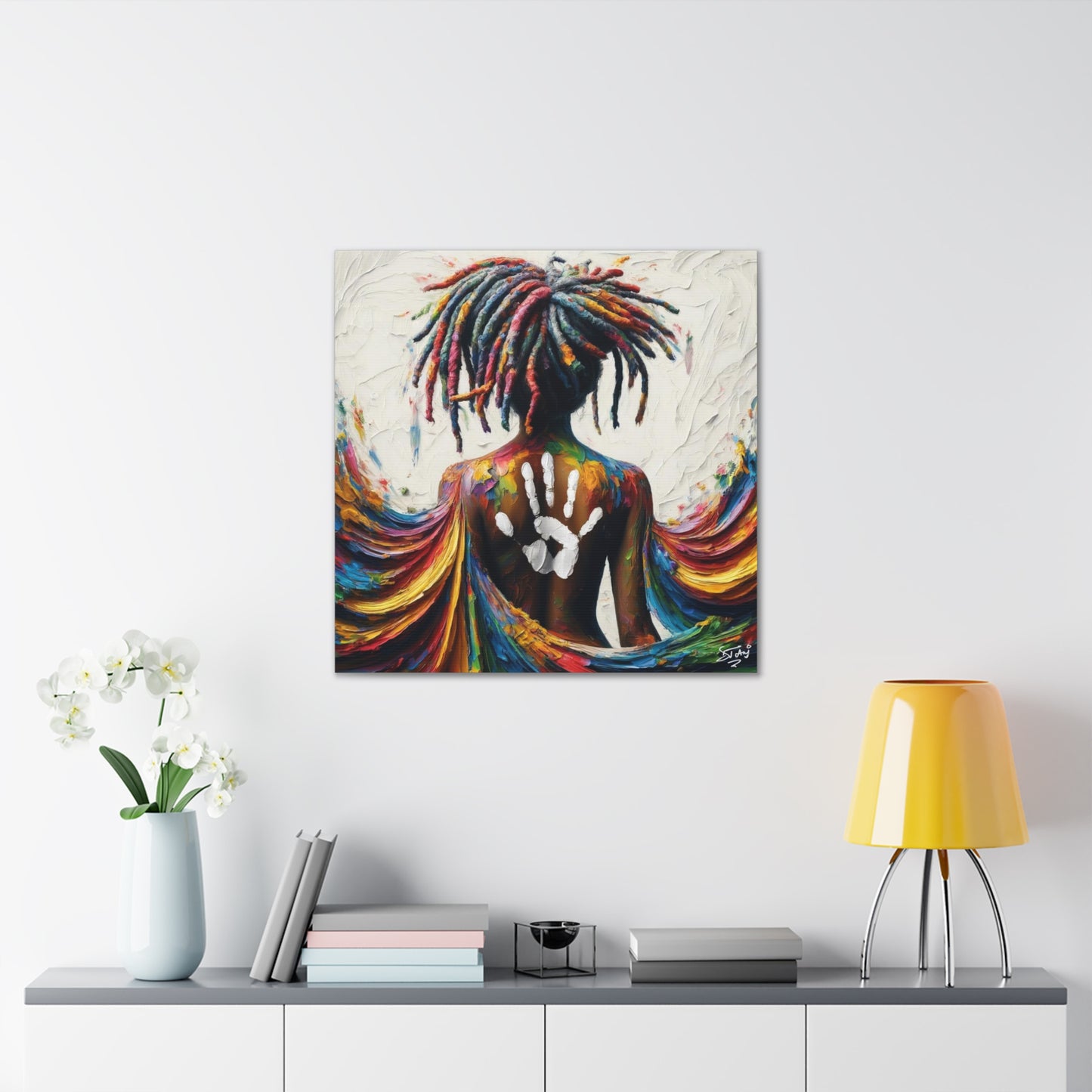 Art Print, Afro-Caribbean Woman, "White Hand on Back," Oil Finish, West Indian Ethnicity, Cultural, Heritage, Semi-Abstract, Canvas Gallery Wrap