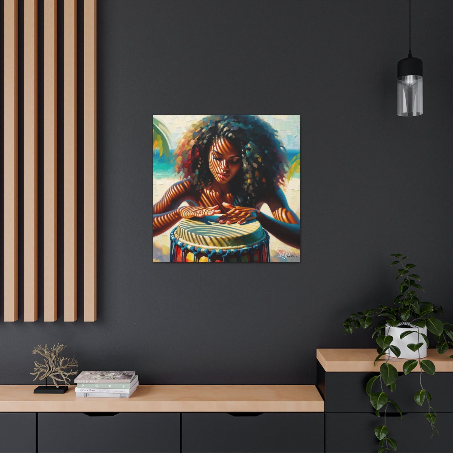 Art Print, Afro-Caribbean Woman, "Drumming" Oil Finish, West Indian Ethnicity, Cultural, Heritage, Abstract, Canvas Gallery Wrap