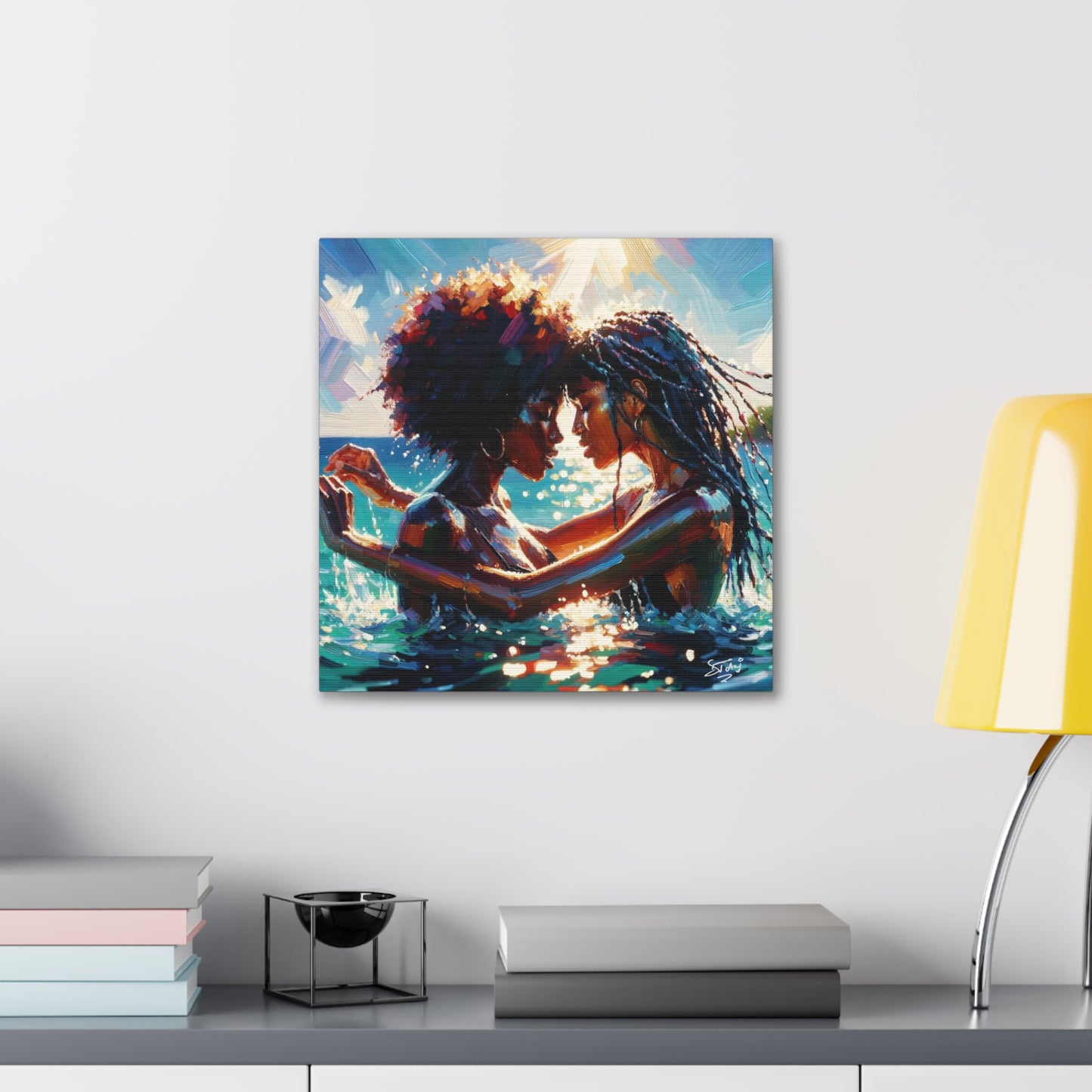 Art Print, Caribbean Couple, "In Our World" Semi-Abstract Oil Finish, West Indian Ethnicity, Cultural, Heritage, Abstract, Canvas Gallery Wrap