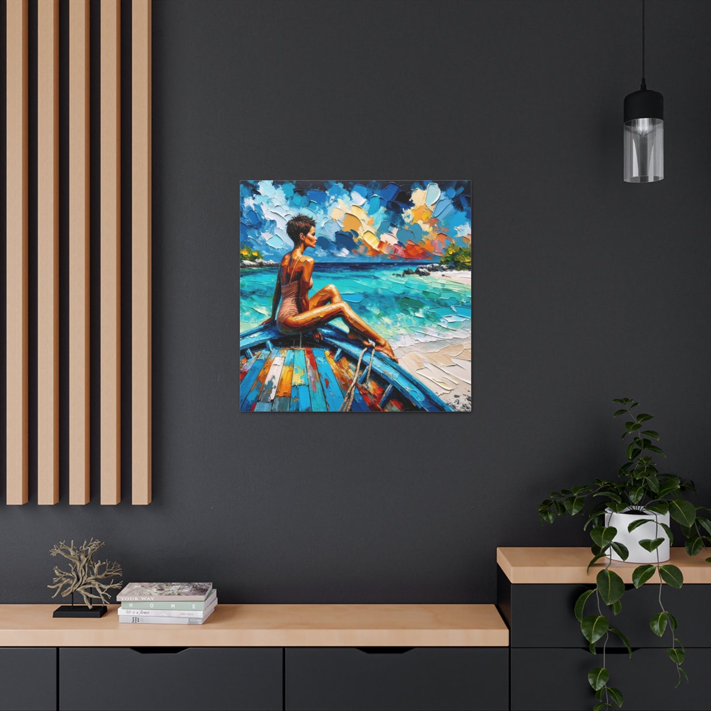 Art Print, Caribbean Woman "Chilling in the Boat" Oil Finish, West Indian Ethnicity, Cultural, Heritage, Semi-Abstract, Canvas Gallery Wrap