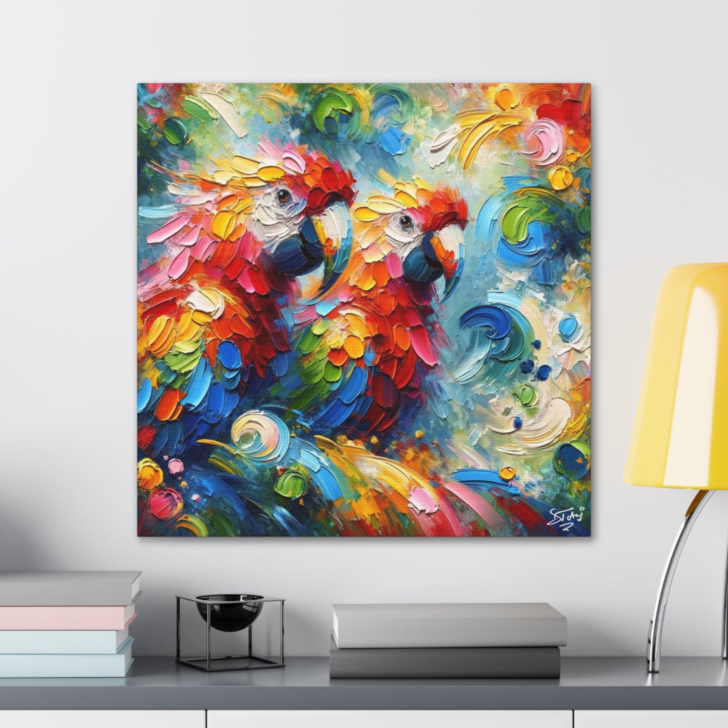 Art Print, The Parrots, Oil Finish, Caribbean Nature, Cultural, Heritage, Semi-Abstract, Canvas Gallery Wrap