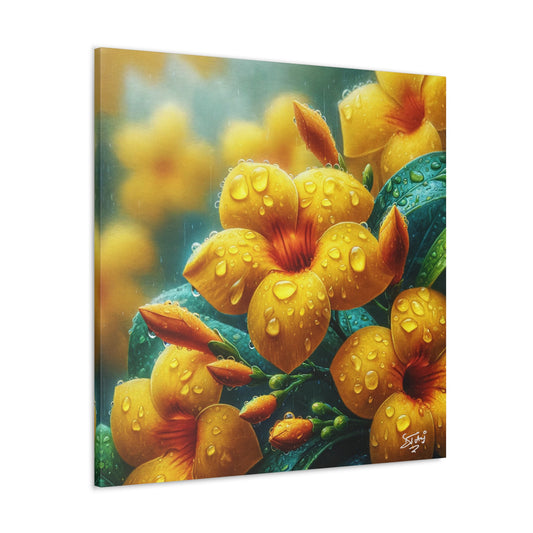 Print of Yellow Allamanda Flowers in the Rain, Oil Paint Finish, Caribbean, Tropical, Canvas Gallery Wraps