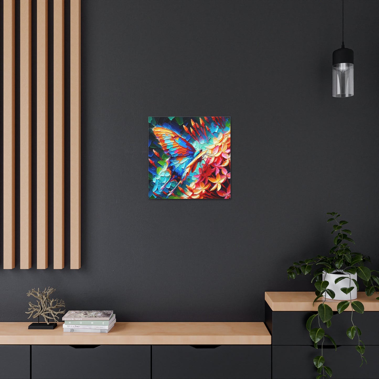 Art Print, Butterfly on Ixoras, Oil Finish, Caribbean Nature, Cultural, Heritage, Semi-Abstract, Canvas Gallery Wrap