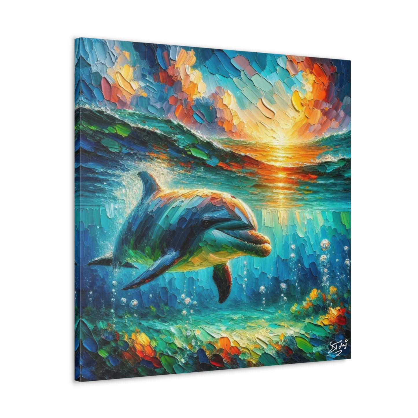 Art Print, Dolphin at Sunset, Oil Finish, Caribbean Nature, Semi-Abstract, Canvas Gallery Wrap