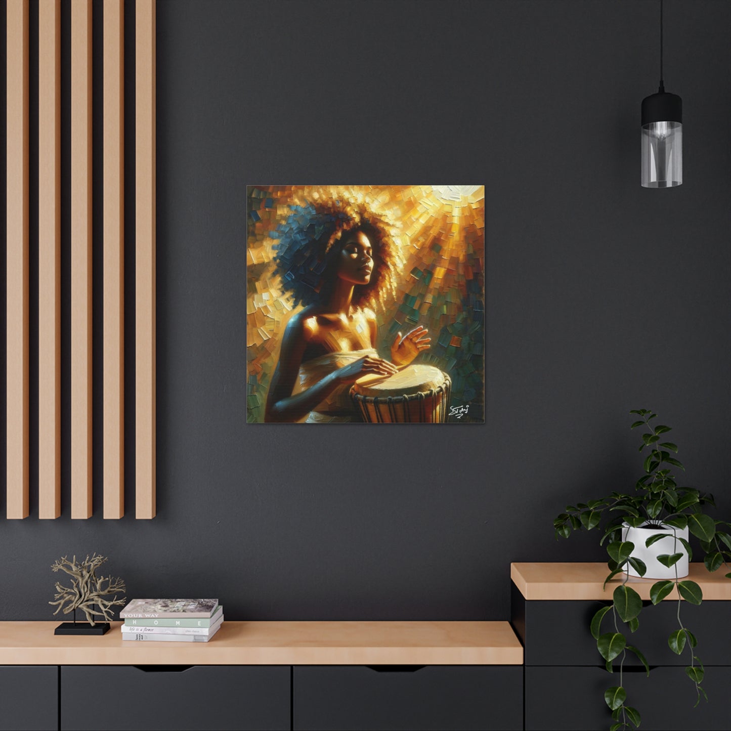 Art Print, Afro-Caribbean Woman, "Drumming" Oil Finish, West Indian Ethnicity, Cultural, Heritage, Abstract, Canvas Gallery Wrap