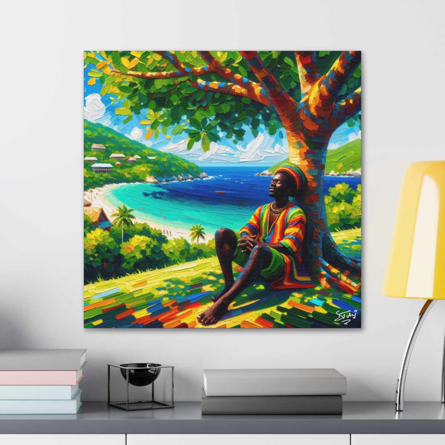 Art Print of Caribbean Man "Under the Tree," West Indian Art, Canvas Gallery Wraps