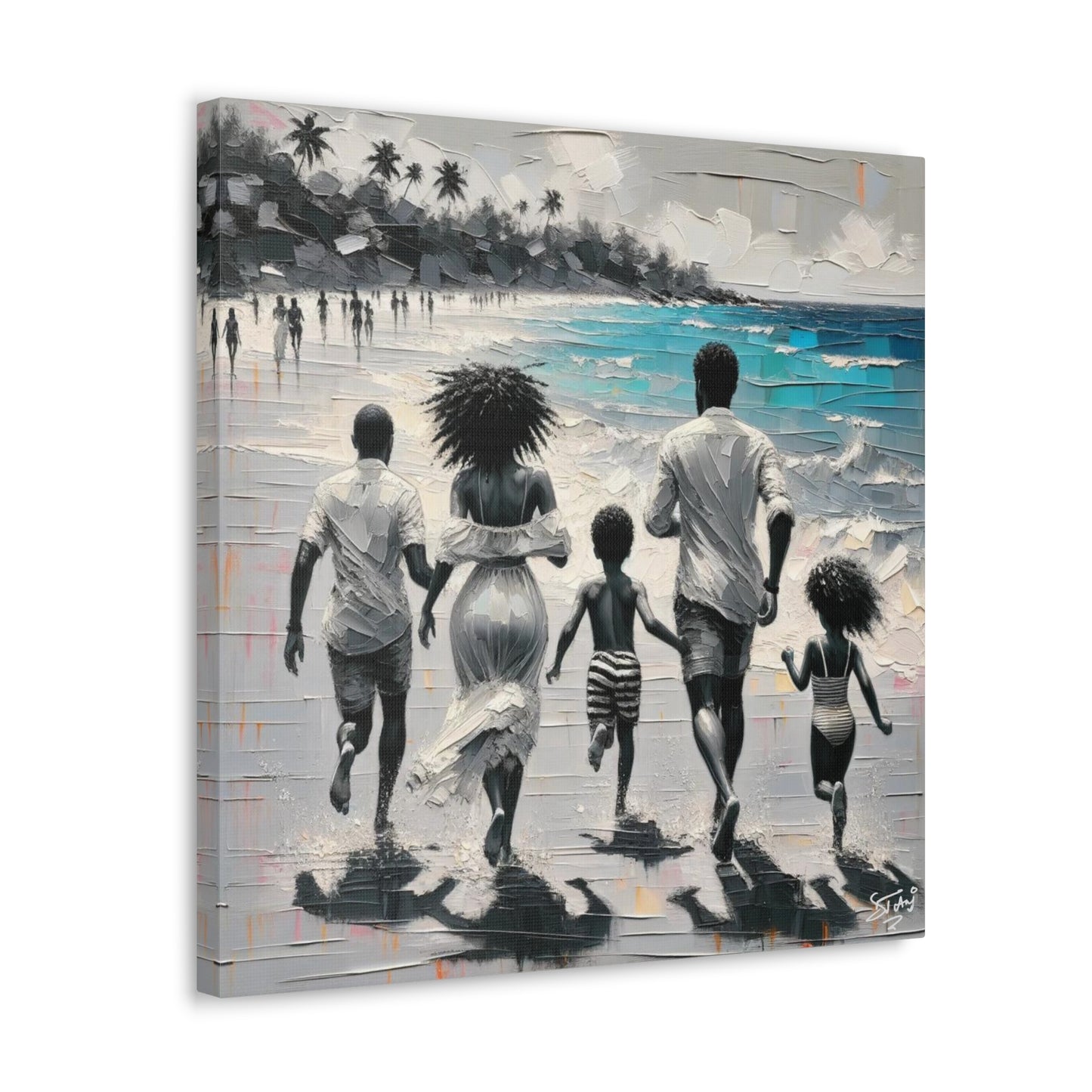 Art Print, Afro-Caribbean Family on the Beach, Oil Finish, West Indian Ethnicity, Cultural, Heritage, Semi-Abstract, Canvas Gallery Wrap