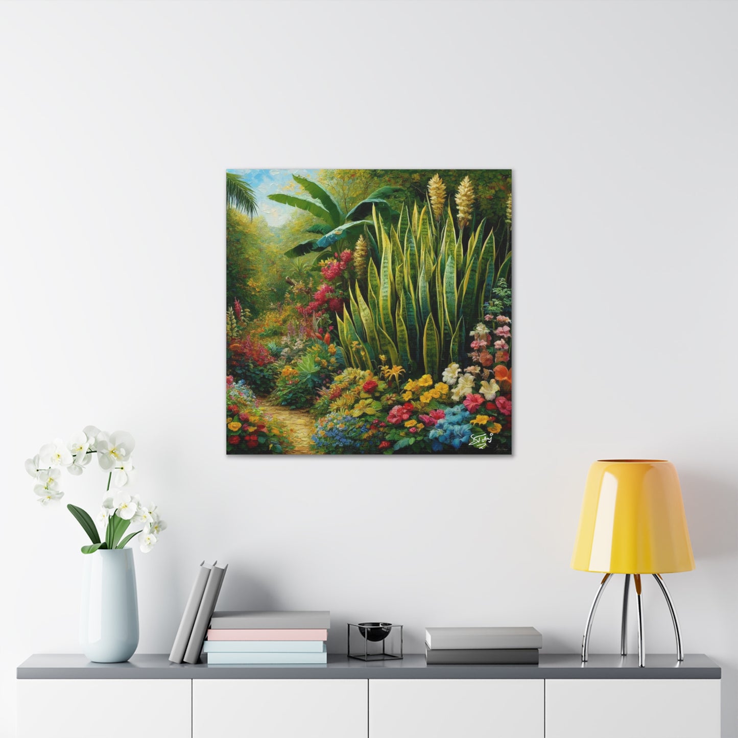 Art Print of Snake Plant in Tropical Flower Garden, Oil Finish, West Indian Art, Canvas Gallery Wraps