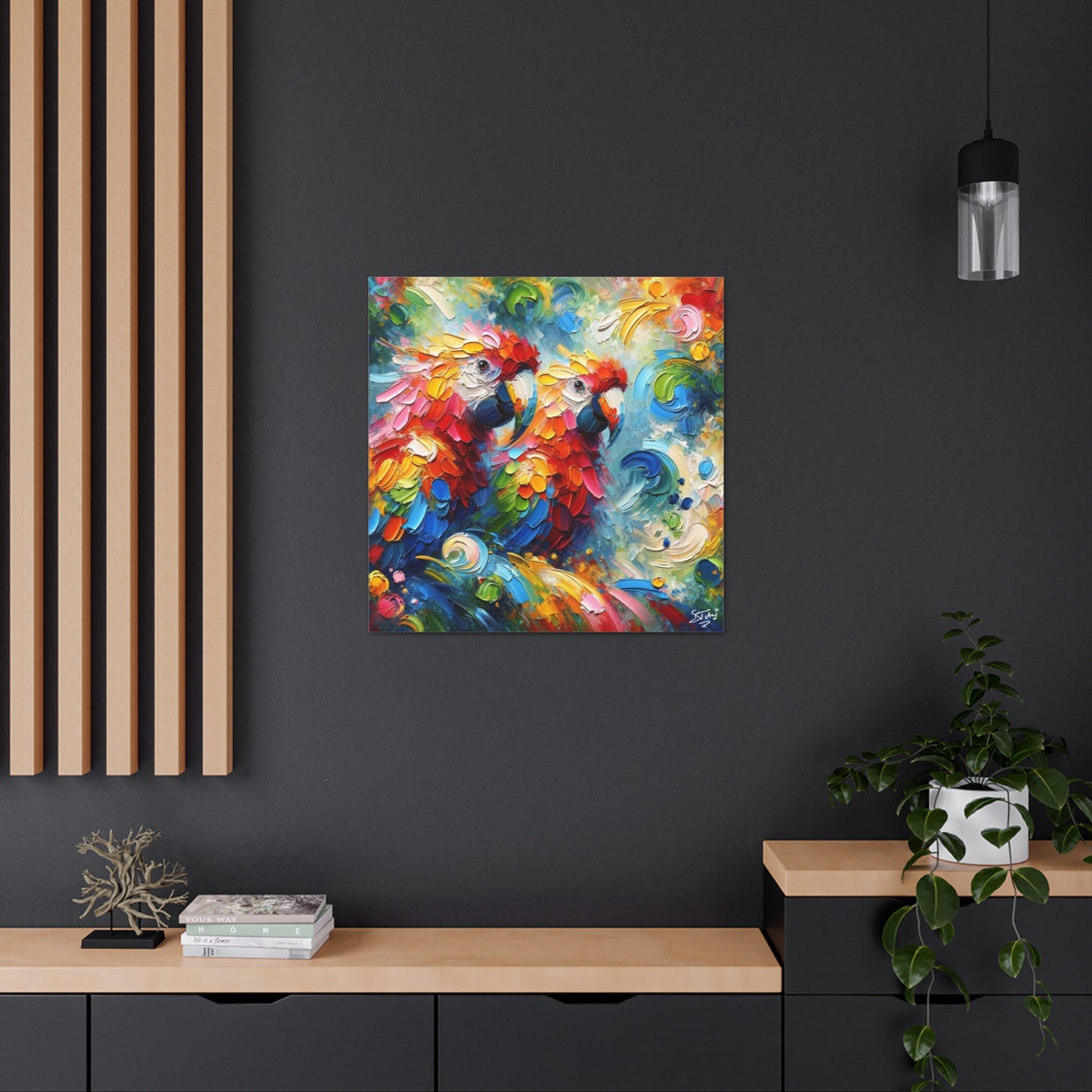 Art Print, The Parrots, Oil Finish, Caribbean Nature, Cultural, Heritage, Semi-Abstract, Canvas Gallery Wrap